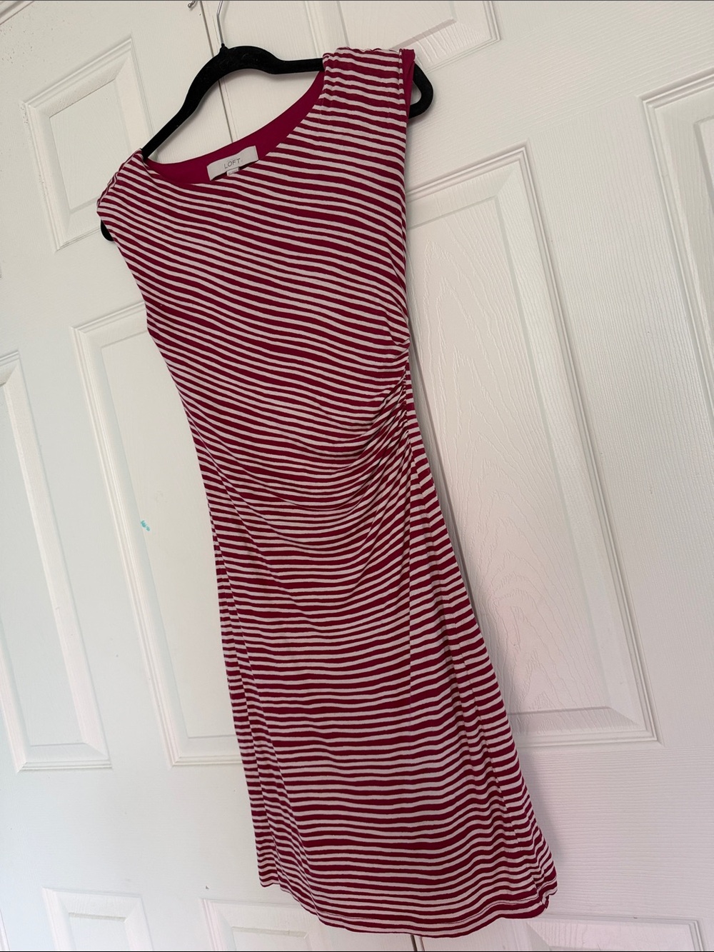 LOFT Wine Red and White Striped Cap-Sleeve Ruched Midi Dress - Picture 3 of 7